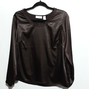 Chico's Dark Brown Origami Shine Satin Long Sleeve  Blouse